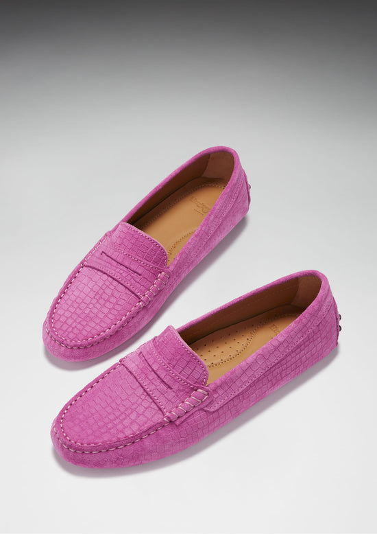 Hugs & Co Womens Penny Driving Loafers Pink Embossed Suede EU 36-42 - QHA UK