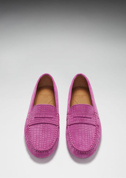 Hugs & Co Womens Penny Driving Loafers Pink Embossed Suede EU 36-42 - QHA UK