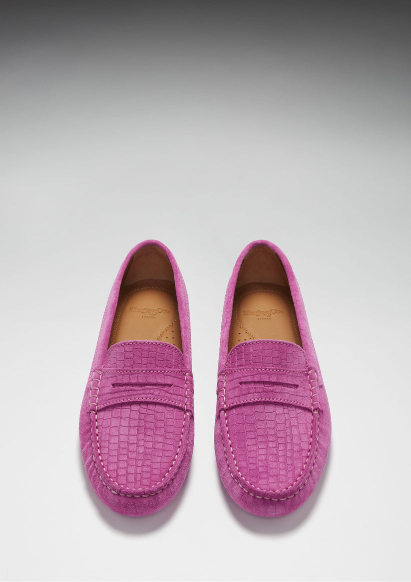 Hugs & Co Womens Penny Driving Loafers Pink Embossed Suede EU 36-42 - QHA UK