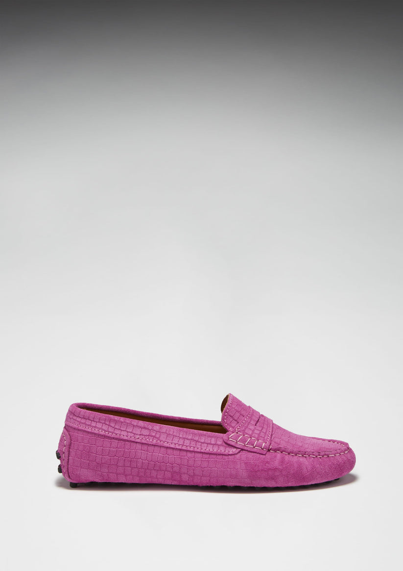Hugs & Co Womens Penny Driving Loafers Pink Embossed Suede EU 36-42 - QHA UK