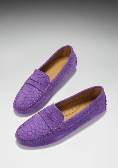 Hugs & Co Womens Penny Driving Loafers Purple Embossed Suede EU 36-42 - QHA UK