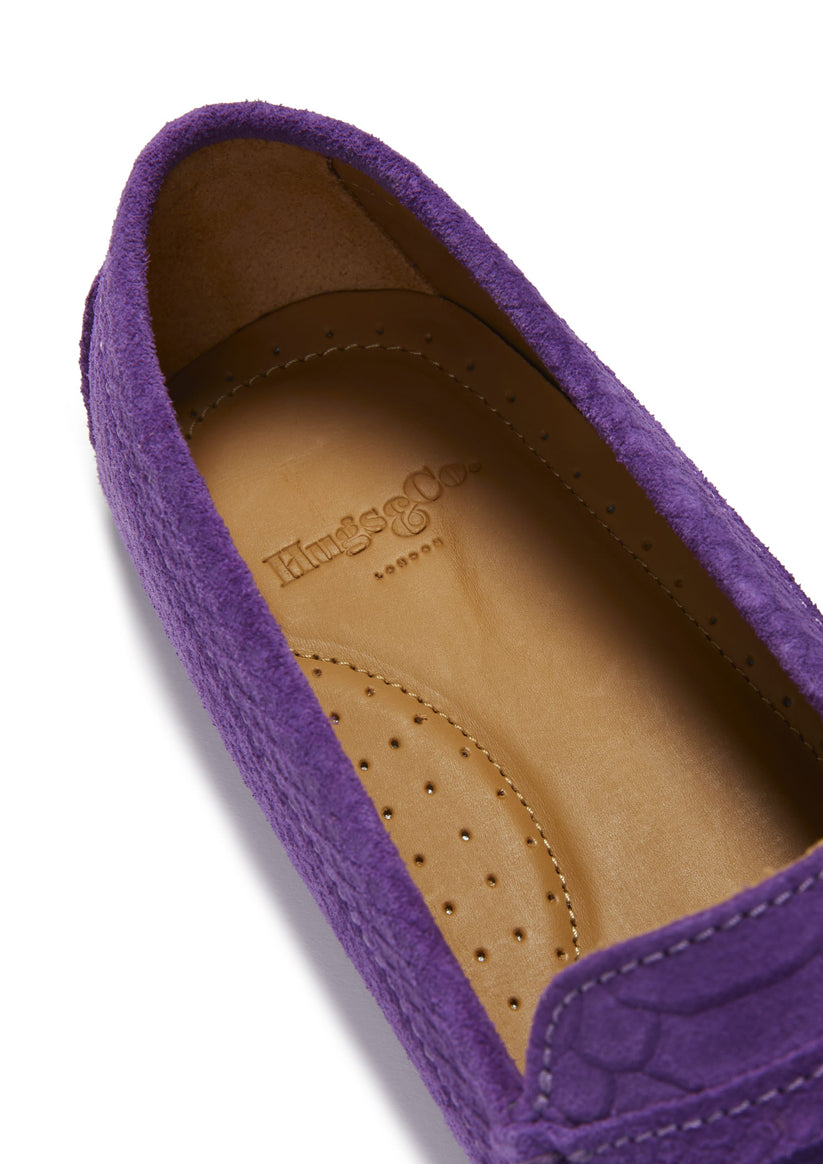Hugs & Co Womens Penny Driving Loafers Purple Embossed Suede EU 36-42 - QHA UK