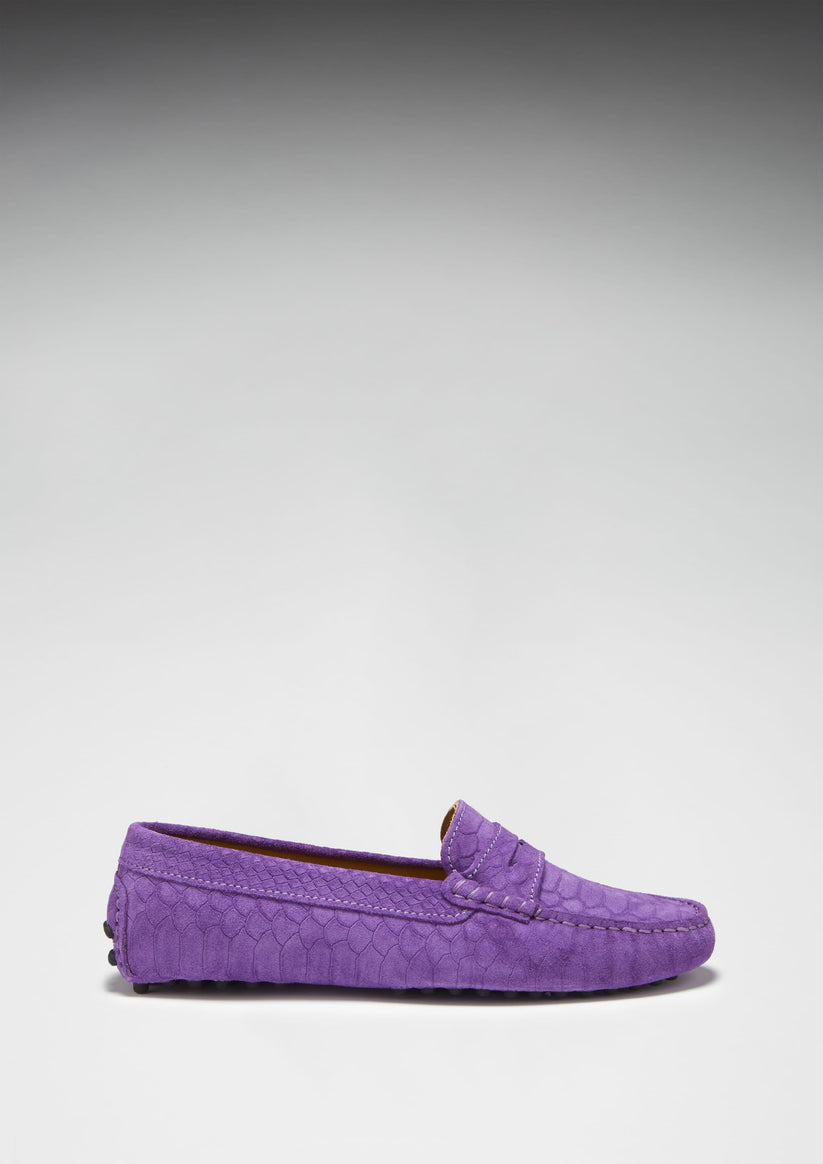 Hugs & Co Womens Penny Driving Loafers Purple Embossed Suede EU 36-42 - QHA UK