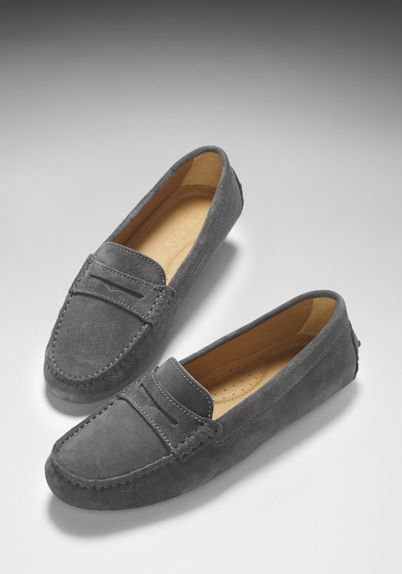 Hugs & Co Womens Penny Driving Loafers Slate Grey Suede EU 36-42 - QHA UK