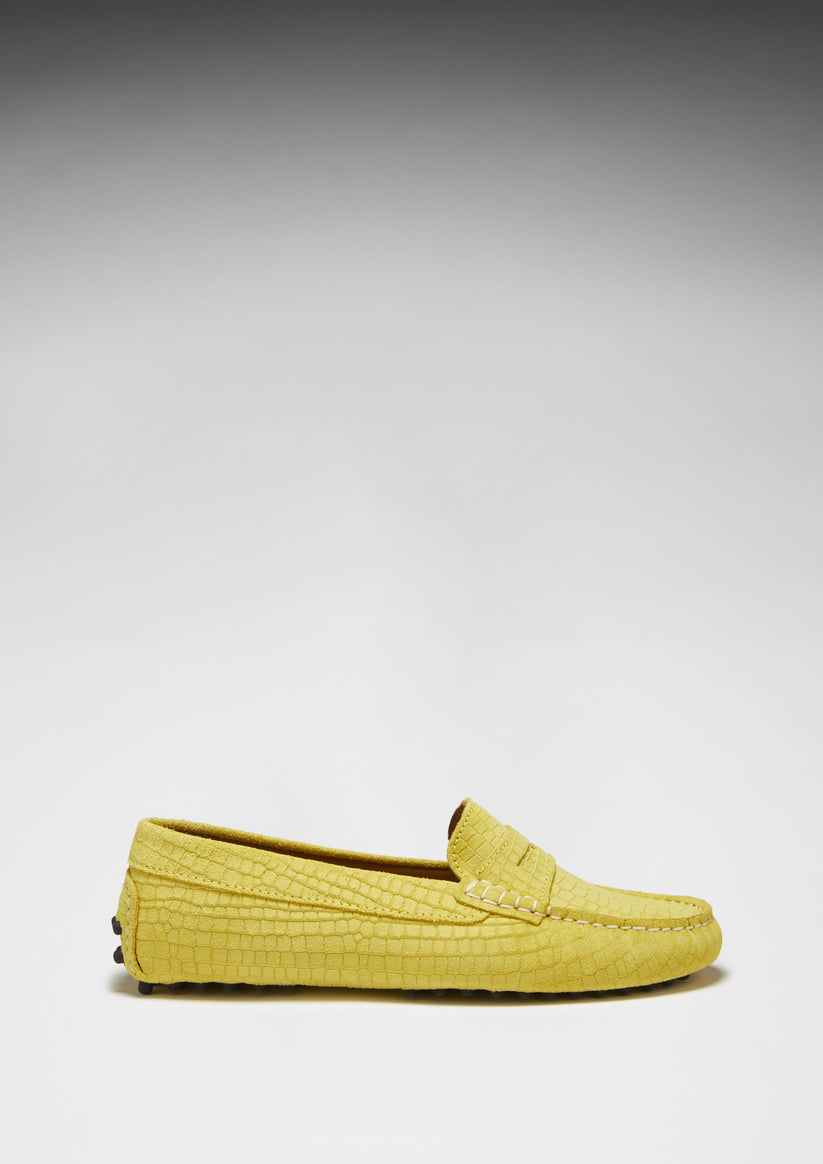Hugs & Co Womens Penny Driving Loafers Yellow Embossed Suede EU 36-42 - QHA UK