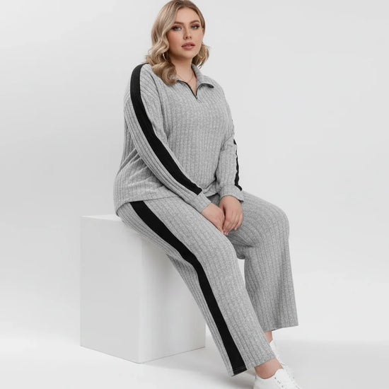 Womens Plus Size Contrast Trim Zipper Top Wide Leg Pants Set UK 18-24 QHA UK - QHA UK