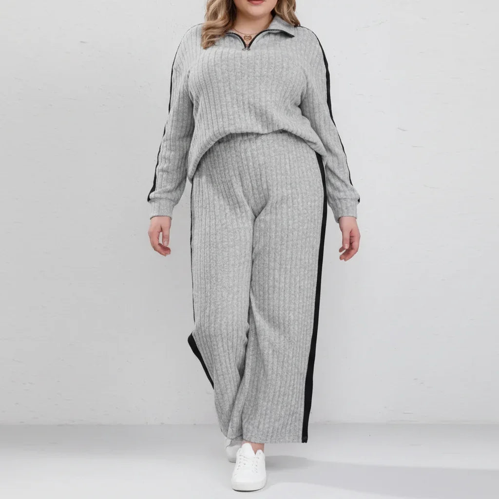 Womens Plus Size Contrast Trim Zipper Top Wide Leg Pants Set UK 18-24 QHA UK - Model Wearing Product - QHA UK