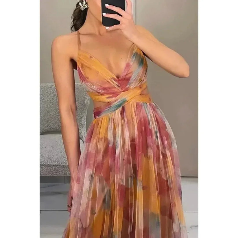 QDMUCHENLUOKE Womens Printed Pleated Party Dress S to XXL - QHA UK