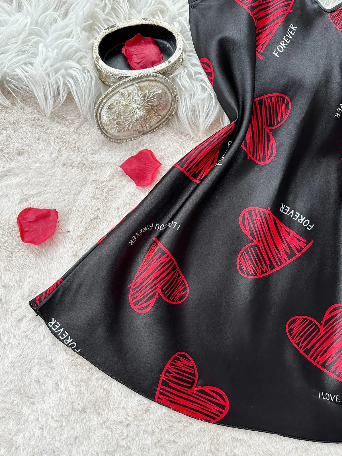 Women's Satin Lip Print Nightdress | V-Neck Backless Mini Slip Dress - QHA UK