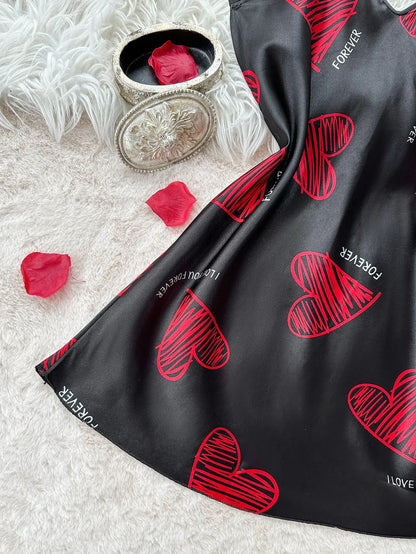 Women's Satin Lip Print Nightdress | V-Neck Backless Mini Slip Dress - QHA UK