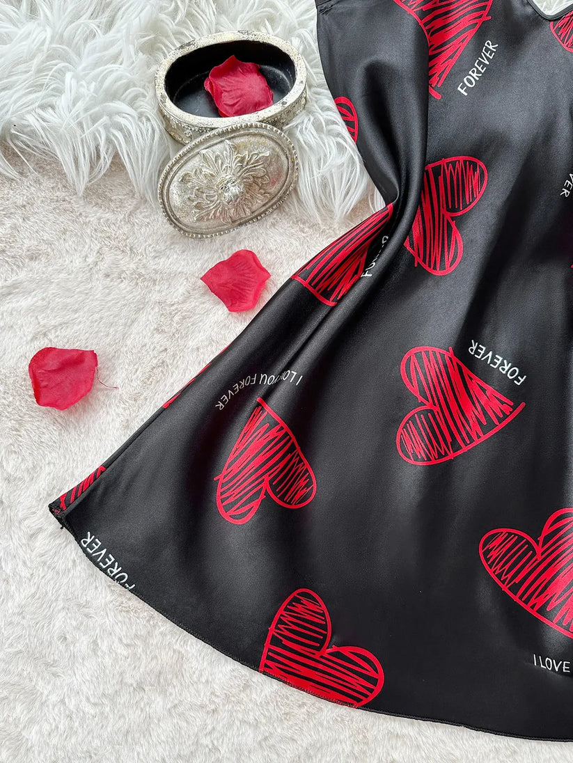 Women's Satin Lip Print Nightdress | V-Neck Backless Mini Slip Dress - QHA UK