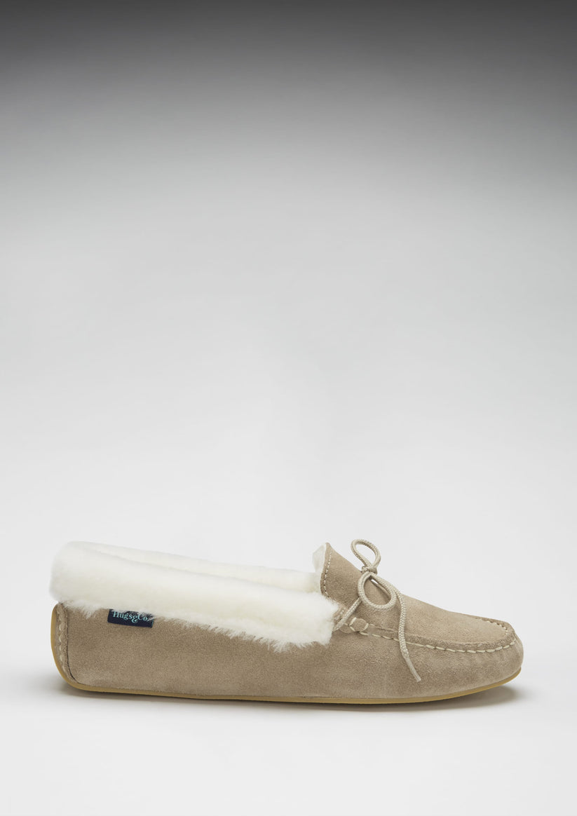 Hugs & Co Womens Slippers Sheepskin Taupe Suede EU 36-42 - QHA UK