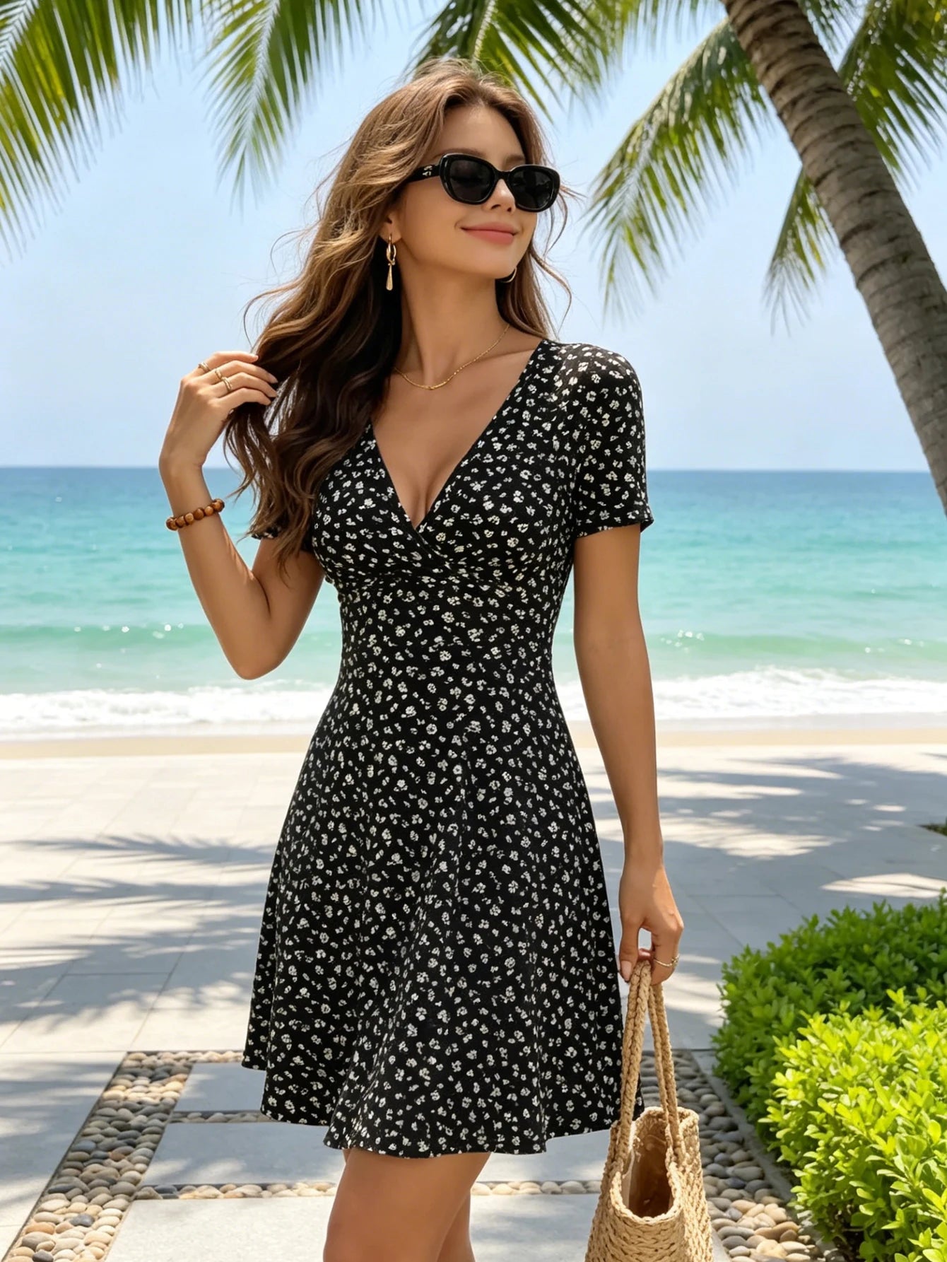 Womens Floral V Neck A Line Knee Length Dress S to XXL - Collar Detail - QHA UK