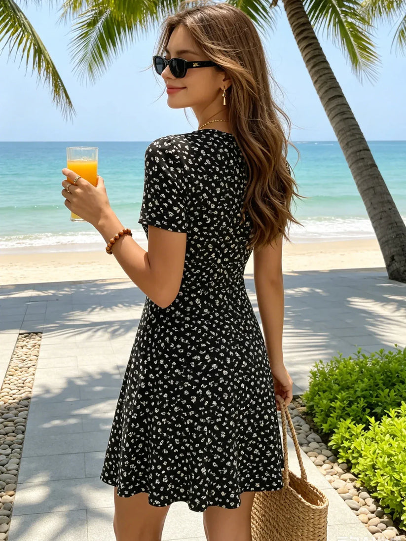 Womens Floral V Neck A Line Knee Length Dress S to XXL - Collar Detail - QHA UK