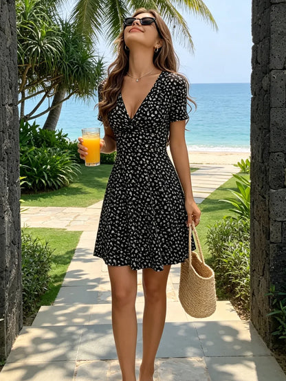 Womens Floral V Neck A Line Knee Length Dress S to XXL - Collar Detail - QHA UK