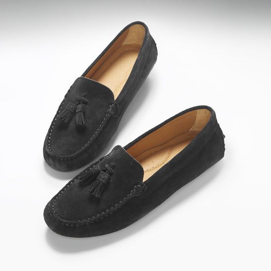 Hugs & Co Womens Tasselled Driving Loafers Black Suede EU 36-42 - QHA UK