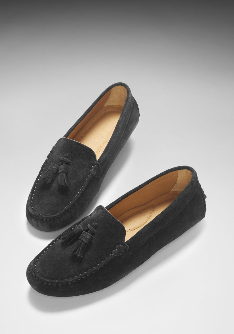 Hugs & Co Womens Tasselled Driving Loafers Black Suede EU 36-42 - QHA UK