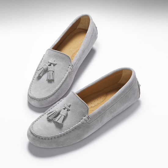 Hugs & Co Womens Tasselled Driving Loafers Dove Grey Suede EU - QHA UK