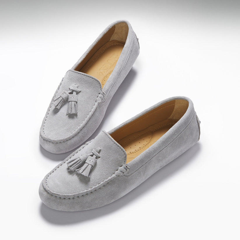 Hugs & Co Womens Tasselled Driving Loafers Dove Grey Suede EU - QHA UK