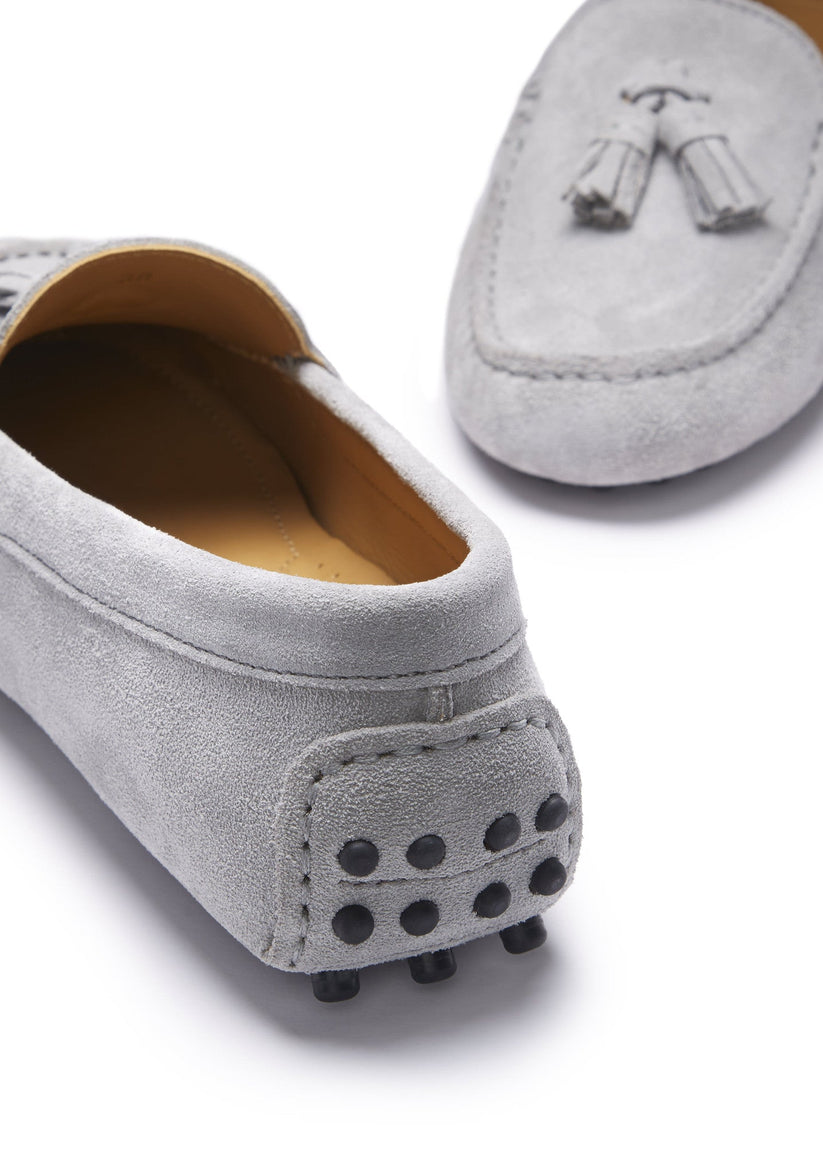 Hugs & Co Womens Tasselled Driving Loafers Dove Grey Suede EU - QHA UK