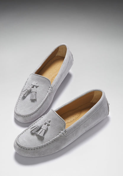 Hugs & Co Womens Tasselled Driving Loafers Dove Grey Suede EU - QHA UK