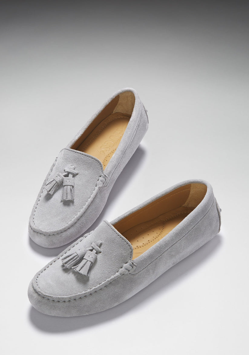 Hugs & Co Womens Tasselled Driving Loafers Dove Grey Suede EU - QHA UK