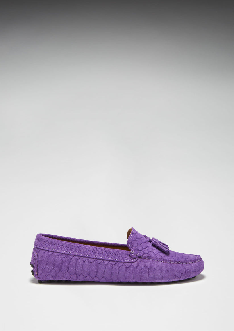 Hugs & Co Womens Tasselled Driving Loafers Purple Embossed EU 36-42 - QHA UK