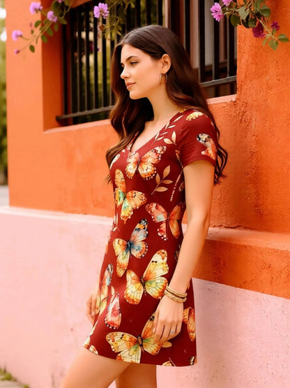 Womens Floral V Neck Short Sleeve A Line Mini Dress XS to XXL - Collar Detail - QHA UK