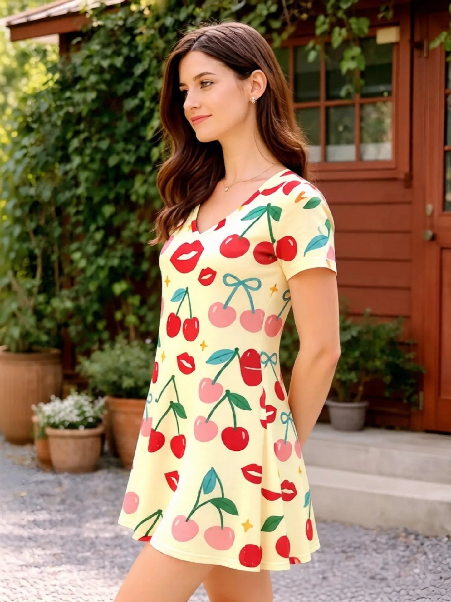 Womens Floral V Neck Short Sleeve A Line Mini Dress XS to XXL - Collar Detail - QHA UK
