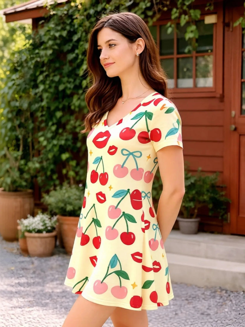 Womens Floral V Neck Short Sleeve A Line Mini Dress XS to XXL - Collar Detail - QHA UK