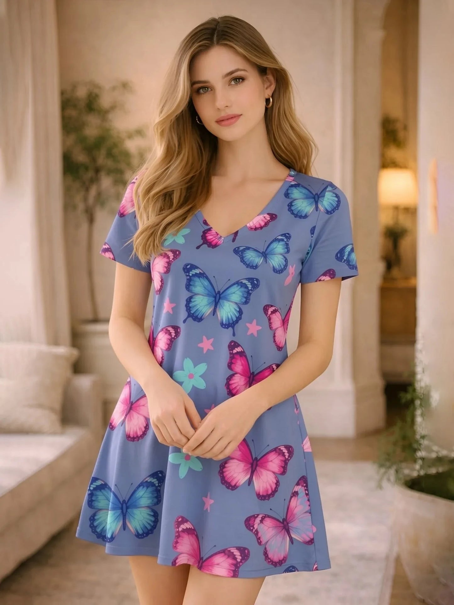 Womens Floral V Neck Short Sleeve A Line Mini Dress XS to XXL - Collar Detail - QHA UK