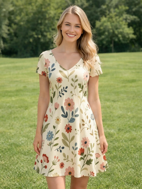Womens Floral V Neck Short Sleeve A Line Mini Dress XS to XXL - QHA UK