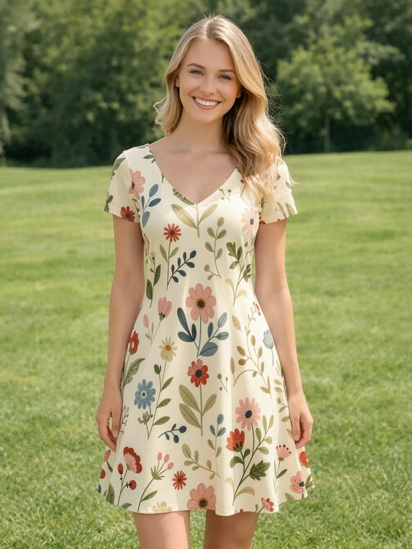 Womens Floral V Neck Short Sleeve A Line Mini Dress XS to XXL - QHA UK