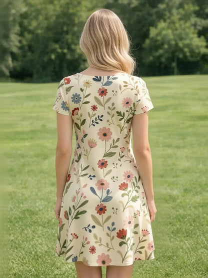 Womens Floral V Neck Short Sleeve A Line Mini Dress XS to XXL - Collar Detail - QHA UK
