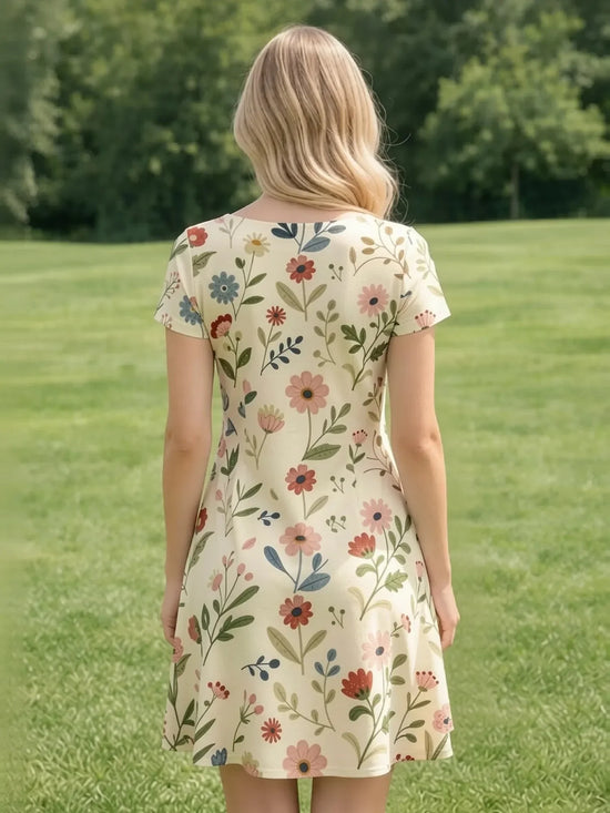 Womens Floral V Neck Short Sleeve A Line Mini Dress XS to XXL - Collar Detail - QHA UK