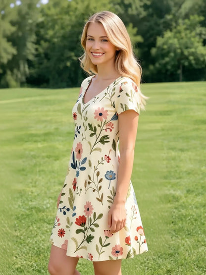 Womens Floral V Neck Short Sleeve A Line Mini Dress XS to XXL - Collar Detail - QHA UK