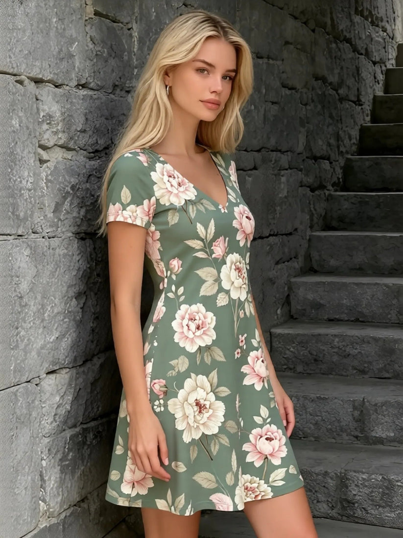 Womens Floral V Neck Short Sleeve A Line Mini Dress XS to XXL - Collar Detail - QHA UK