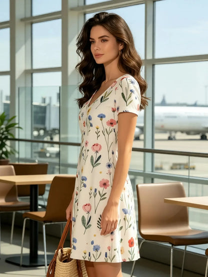 Womens Floral V Neck Short Sleeve A Line Mini Dress XS to XXL - Collar Detail - QHA UK