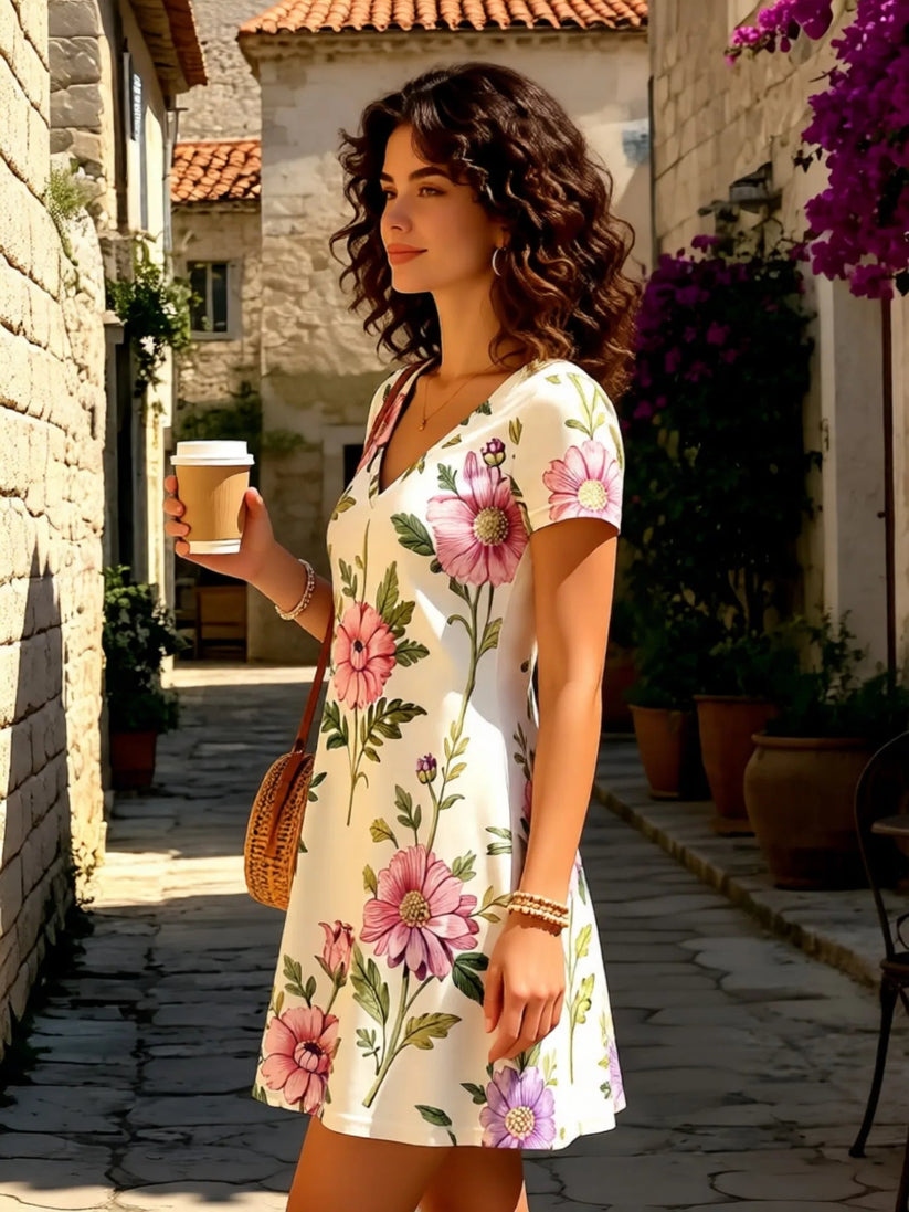 Womens Floral V Neck Short Sleeve A Line Mini Dress XS to XXL - Collar Detail - QHA UK