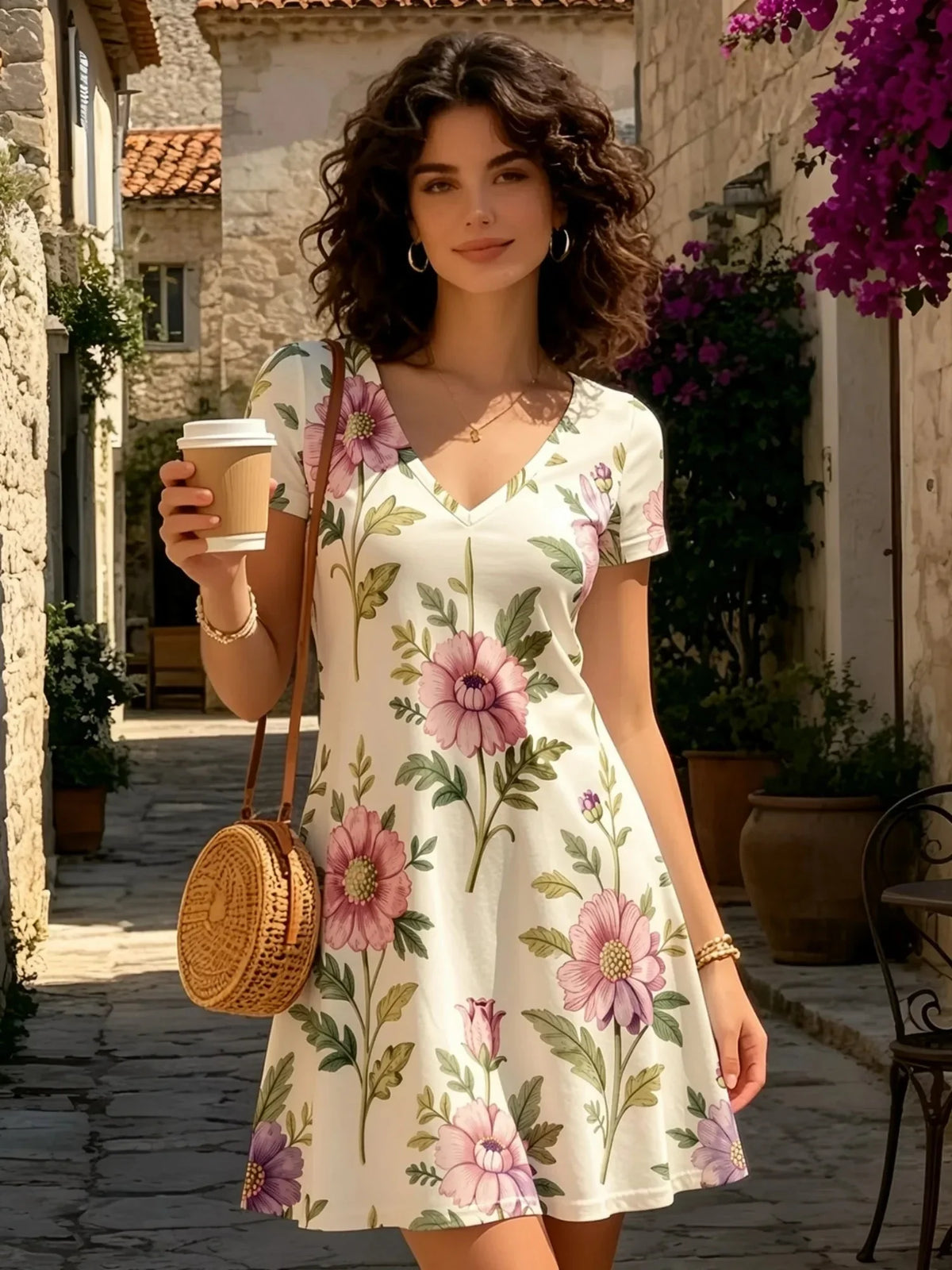 Womens Floral V Neck Short Sleeve A Line Mini Dress XS to XXL - Collar Detail - QHA UK