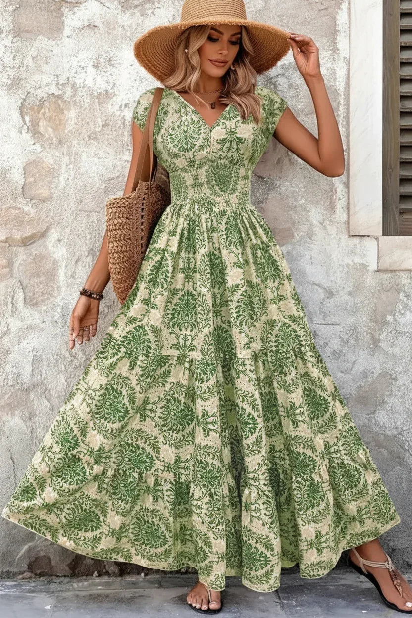 Womens Vintage Floral Print Maxi Dress V-Neck Loose Fit | S–XXL | UK - Pattern Detail - QHA UK