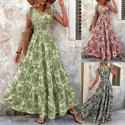 Womens Vintage Floral Print Maxi Dress V-Neck Loose Fit | S–XXL | UK - Pattern Detail - QHA UK
