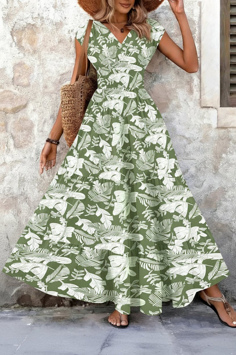 Womens Vintage Floral Print Maxi Dress V-Neck Loose Fit | S–XXL | UK - Pattern Detail - QHA UK