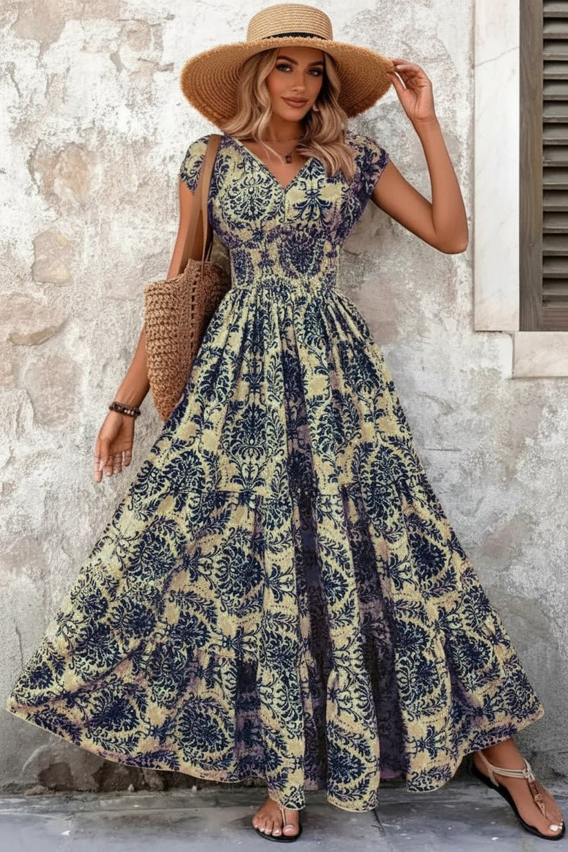 Womens Vintage Floral Print Maxi Dress V-Neck Loose Fit | S–XXL | UK - Pattern Detail - QHA UK