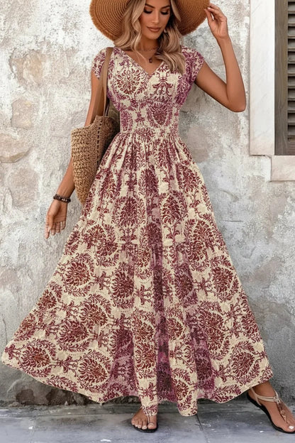 Womens Vintage Floral Print Maxi Dress V-Neck Loose Fit | S–XXL | UK - Pattern Detail - QHA UK