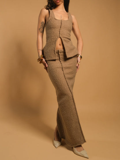 Ensogirl Women's Brown Wool Handmade Maxi Skirt | Made to Order | QHA UK - QHA UK