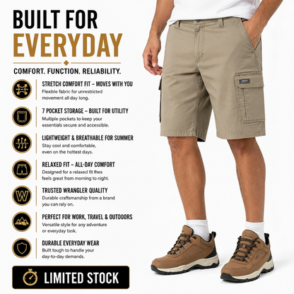 Wrangler Men's Cargo Shorts | Stretch Cotton | Relaxed Fit | Khaki W32–W46 - QHA UK
