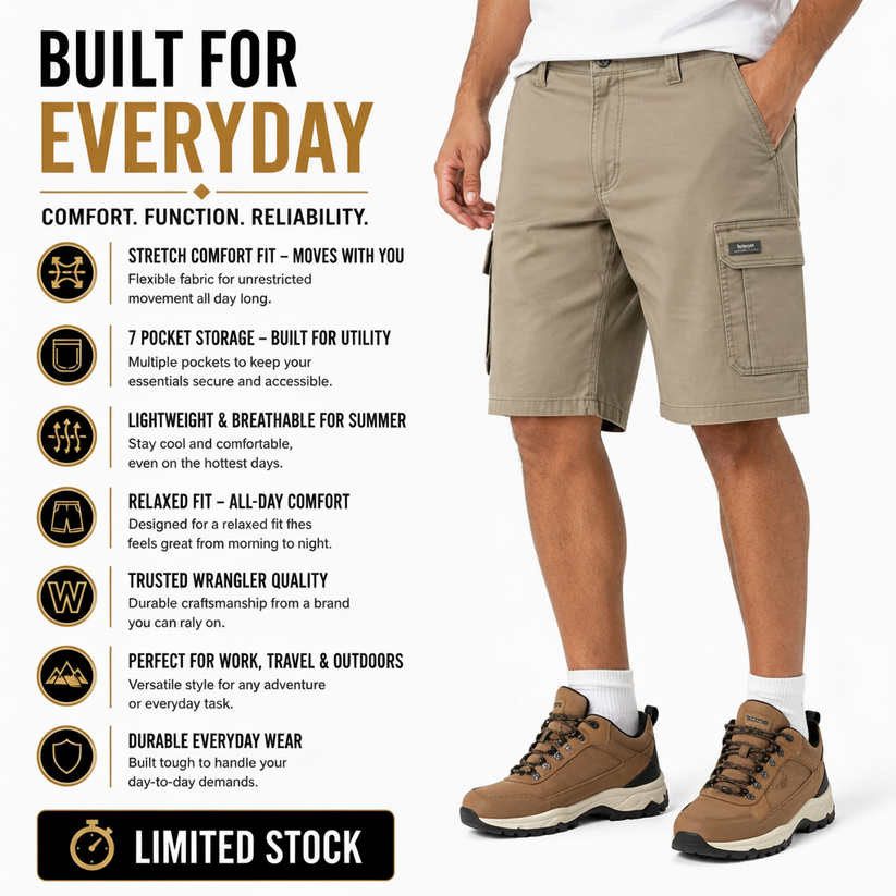 Wrangler Men's Cargo Shorts | Stretch Cotton | Relaxed Fit | Khaki W32–W46 - QHA UK