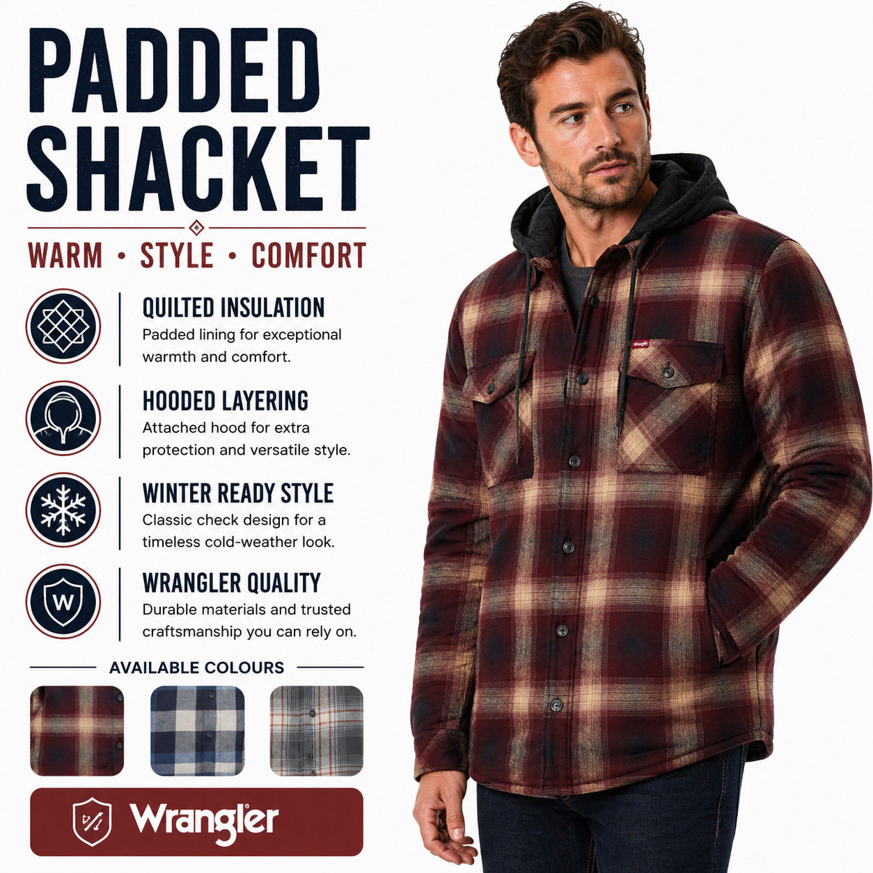 Wrangler Men's Hooded Padded Check Shacket | Overshirt Jacket | S–3XL - QHA UK