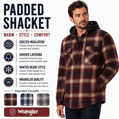 Wrangler Men's Hooded Padded Check Shacket | Overshirt Jacket | S–3XL - QHA UK
